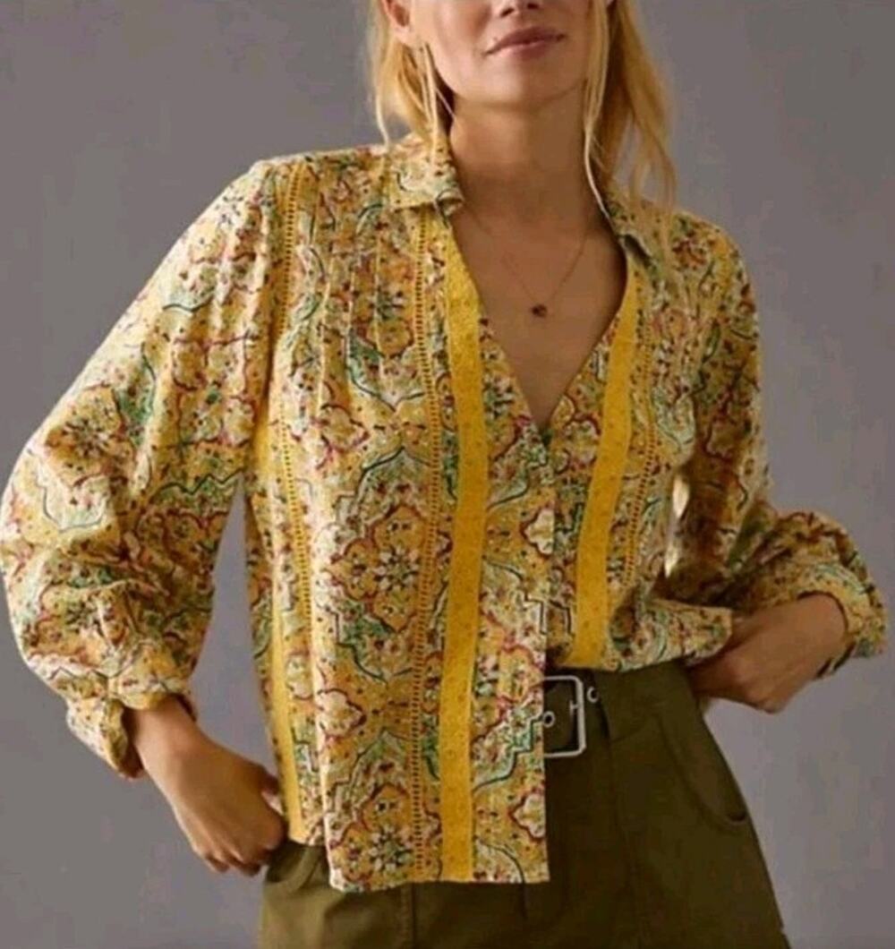 ANTHROPOLOGIE x PILCRO Pintuck Peasant Blouse Yellow Floral Medium